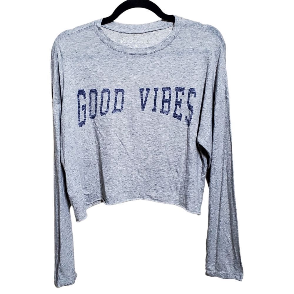Grayson Threads Womens Cropped Good Vibes Grey T-Shirt Size Medium